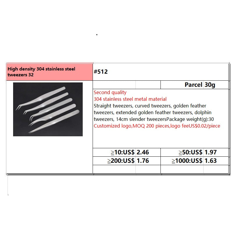 #512 High density 304 stainless steel tweezers 32