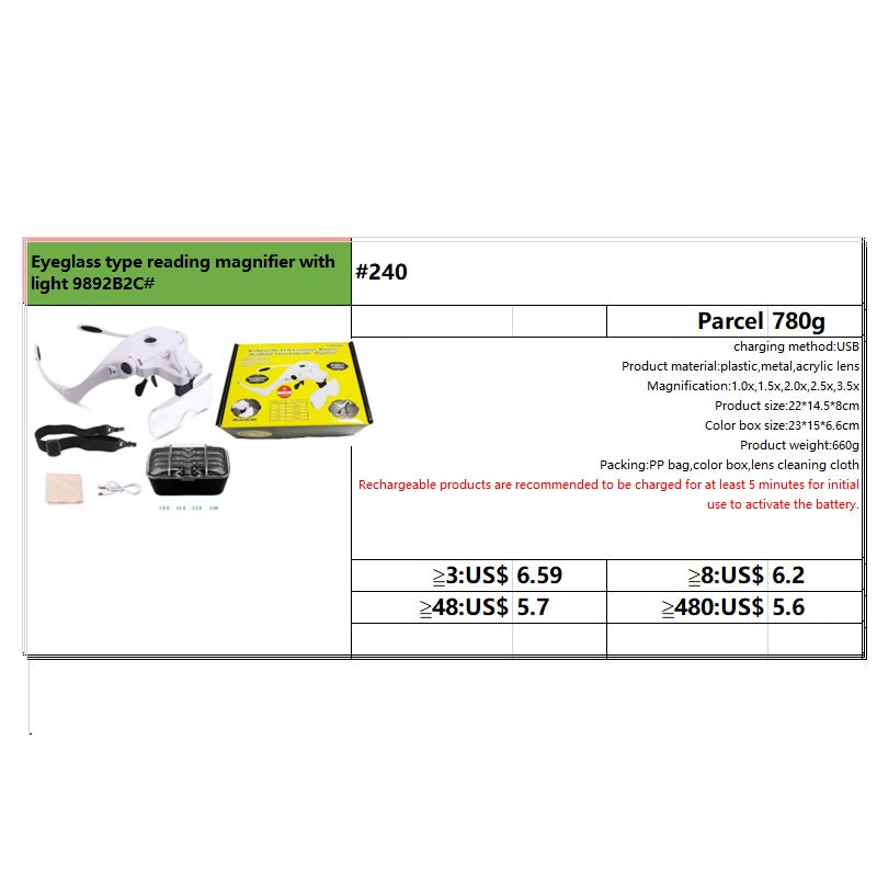 #240 Eyeglass type reading magnifier with light 9892B2C#