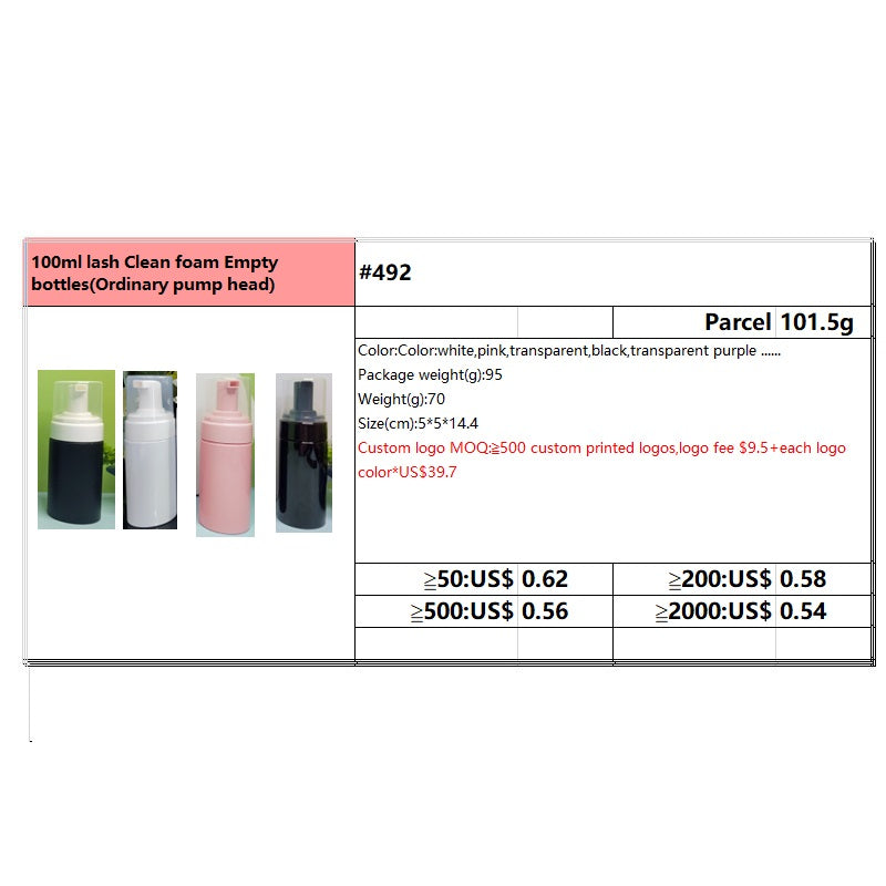 #492 100ml lash Clean foam Empty bottles(Ordinary pump head)